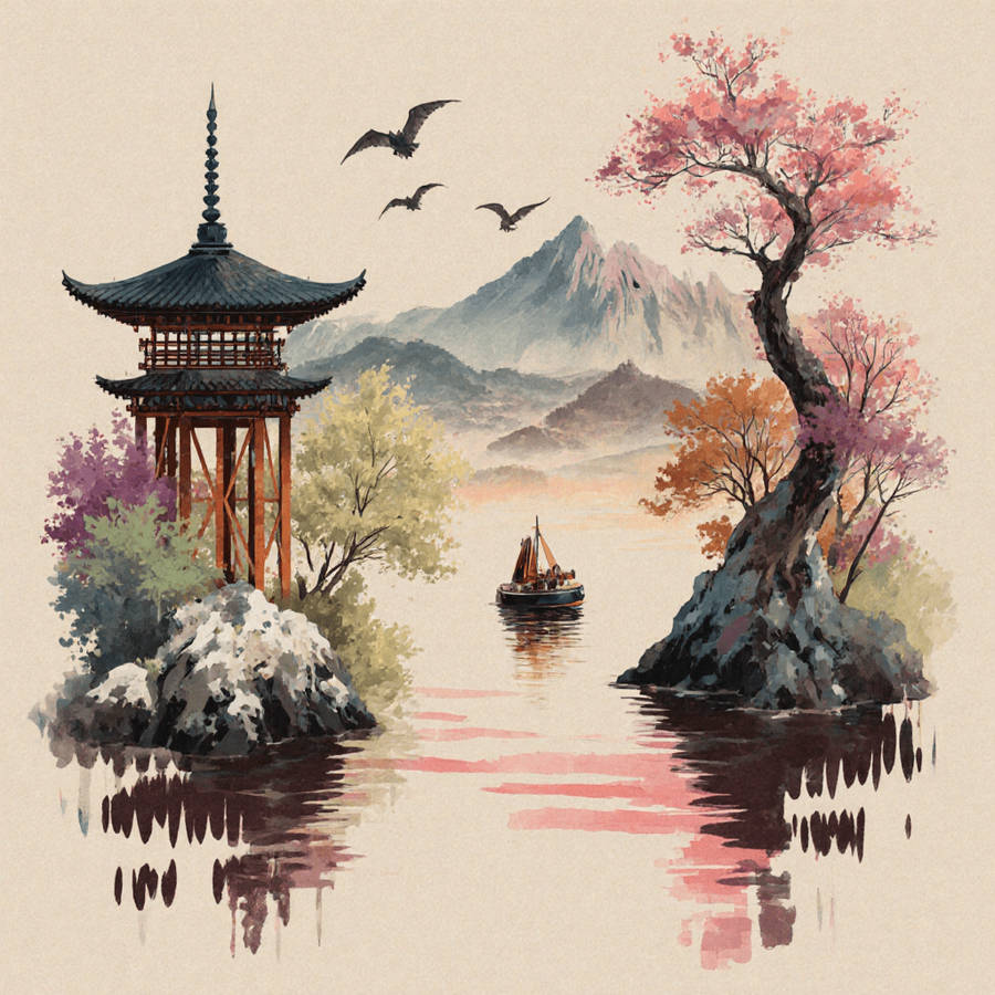 Luxury 1Pc Japanese Pagoda Mount Fuji Landscape Wall Sticker Wall Art