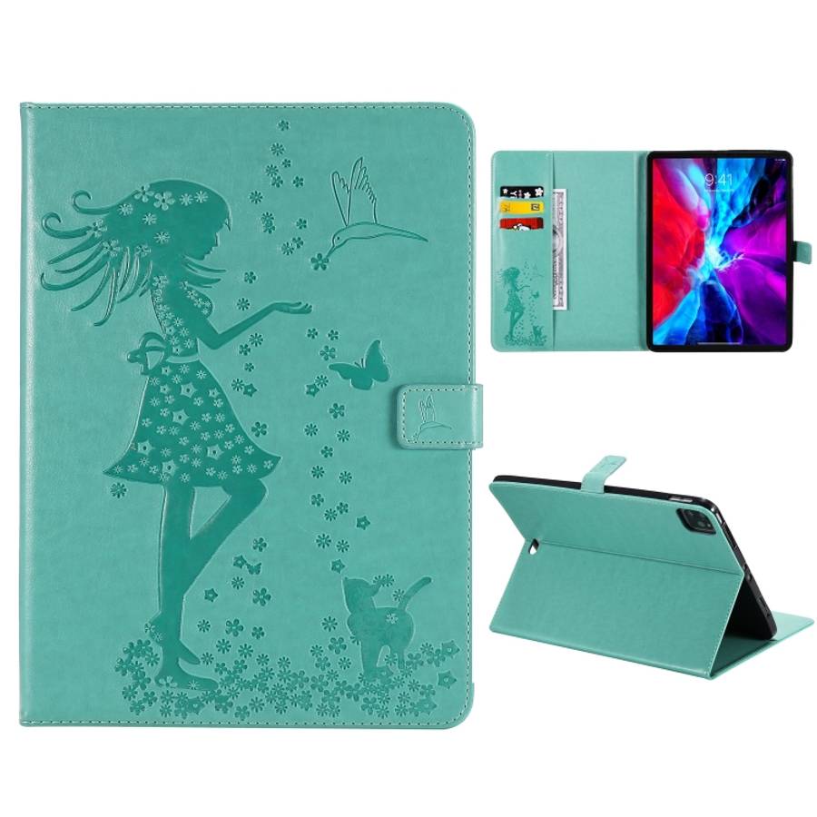 For iPad Pro 11 (2020) Pressed Printing Woman and Cat Pattern Horizontal Flip Leather ... (Green)