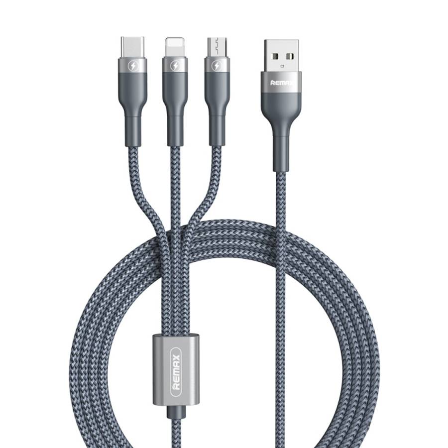 REMAX RC-070TH 1.2m 2A 3 in 1 USB to 8 Pin & USB-C / Type-C & Micro USB Charging Cable(Silver)