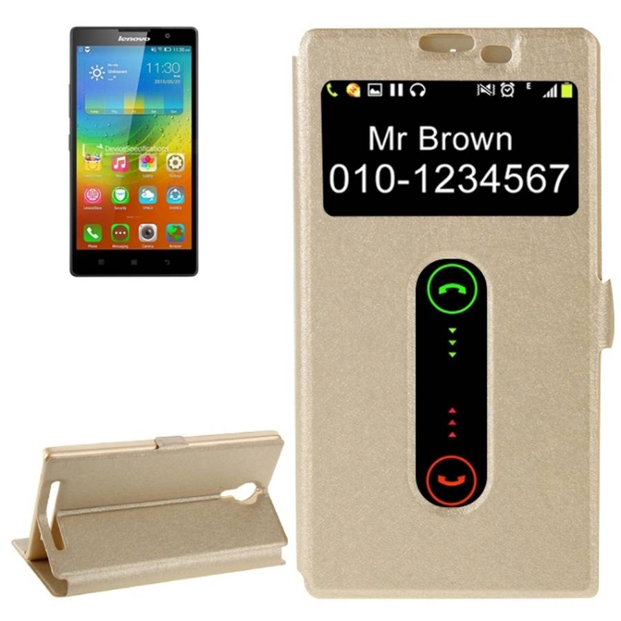 Cross Texture Horizontal Flip Leather Case with Caller ID Display & Holder for Lenovo K80(Gold)
