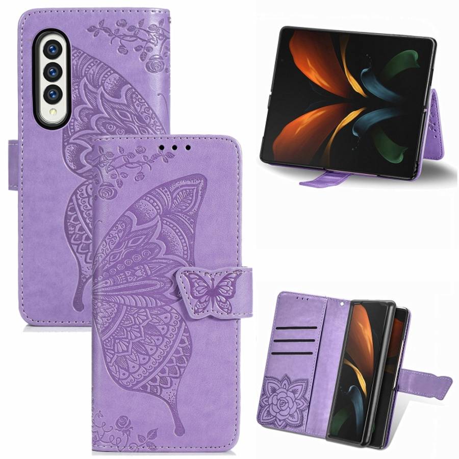 For Samsung Galaxy Z Fold4 Butterfly Love Flower Embossed Horizontal Flip Leath ... (Light Purple)