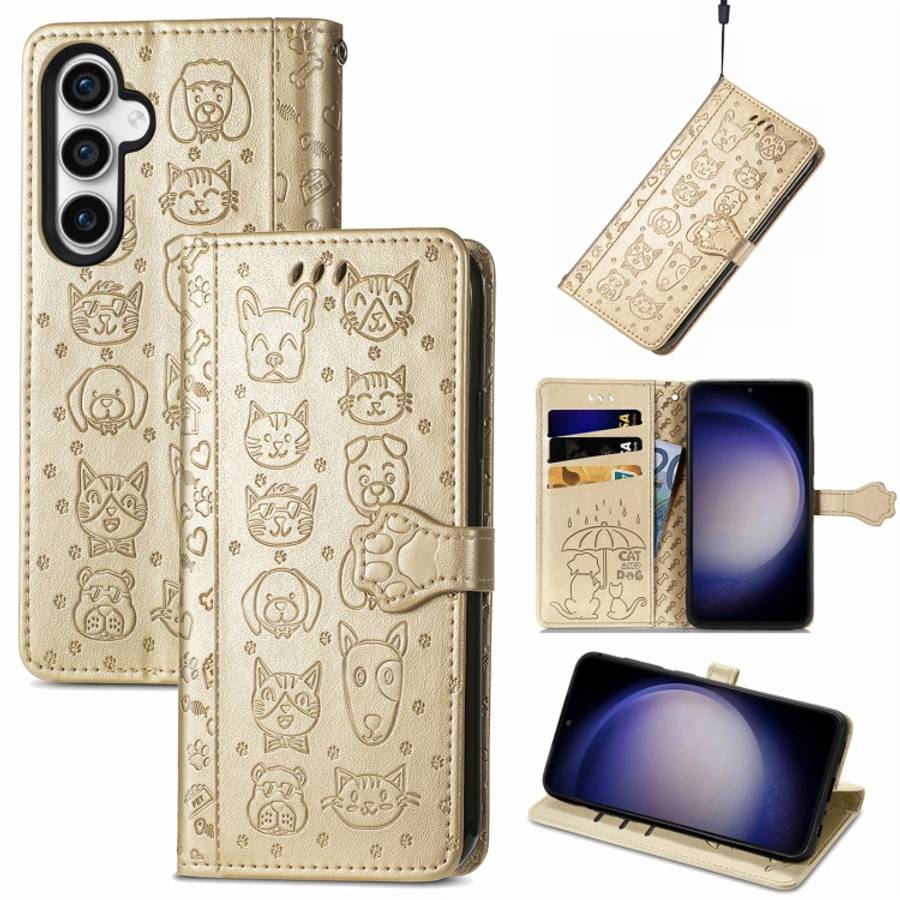 For Samsung Galaxy S23 FE 5G Cat and Dog Embossed Leather Phone Case(Gold)