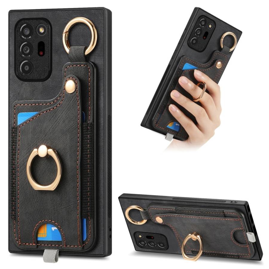 For Samsung Galaxy Note20 Ultra Retro Skin-feel Ring Card Bag Phone Case with Hang Loop(Black)