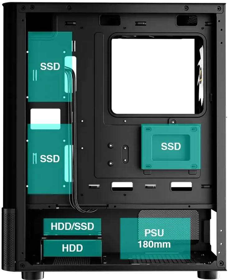 Dedicated storage bays and PSU compartment layout
