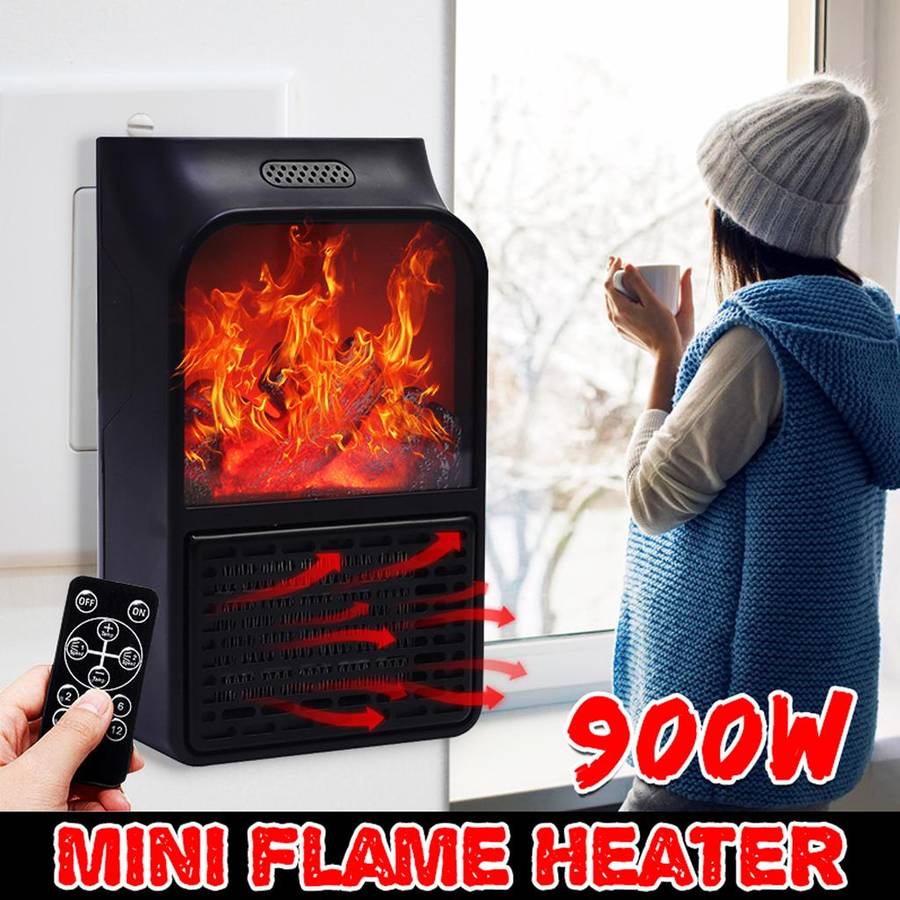 900W Mini Flame Heater Fan Electric Remote Control Fireplace Timer ...
