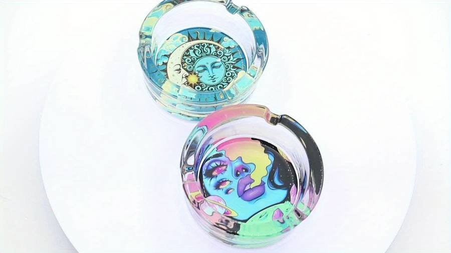 1pc A Round Transparent Glass Ashtray Decorative Non-Electric with Cigar and Cigarette Holder f