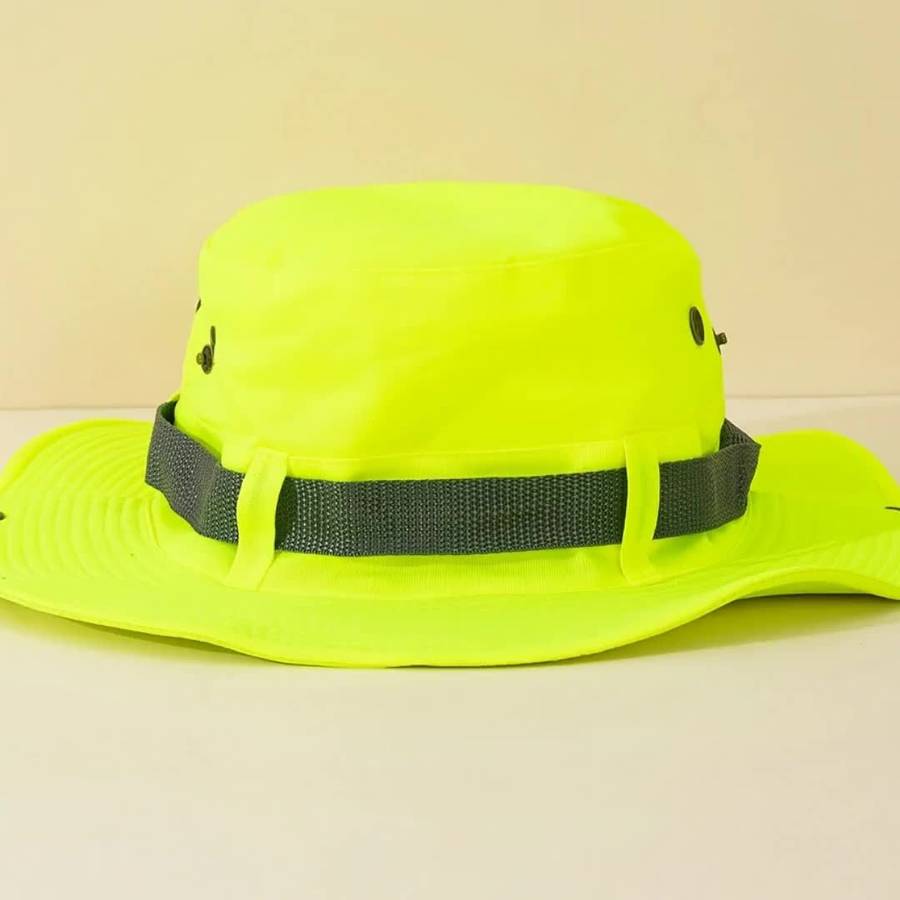 1pc Bright Neon Green Western Cowboy Bucket Hat with Black Mesh Band Breathable Sun-Protective W