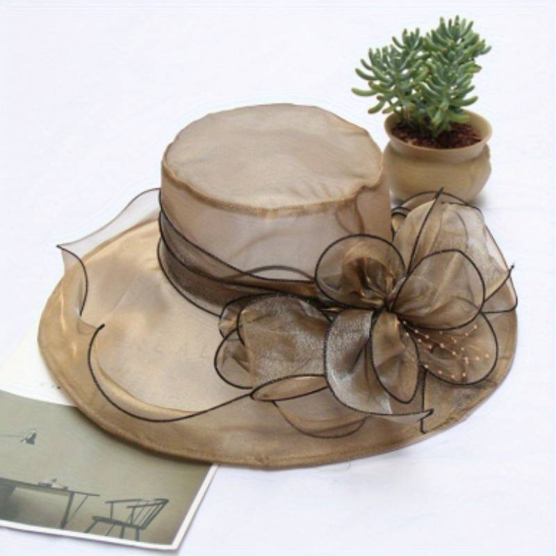 1pc Event Headwear Elegant Black Organza Sun Hat for Women with Vintage Floral Design Breathabl