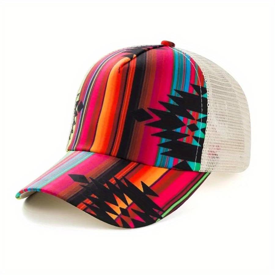 Stylish Bull Head Floral Print Baseball Cap with Ponytail Hole Breathable Mesh Back Adjust