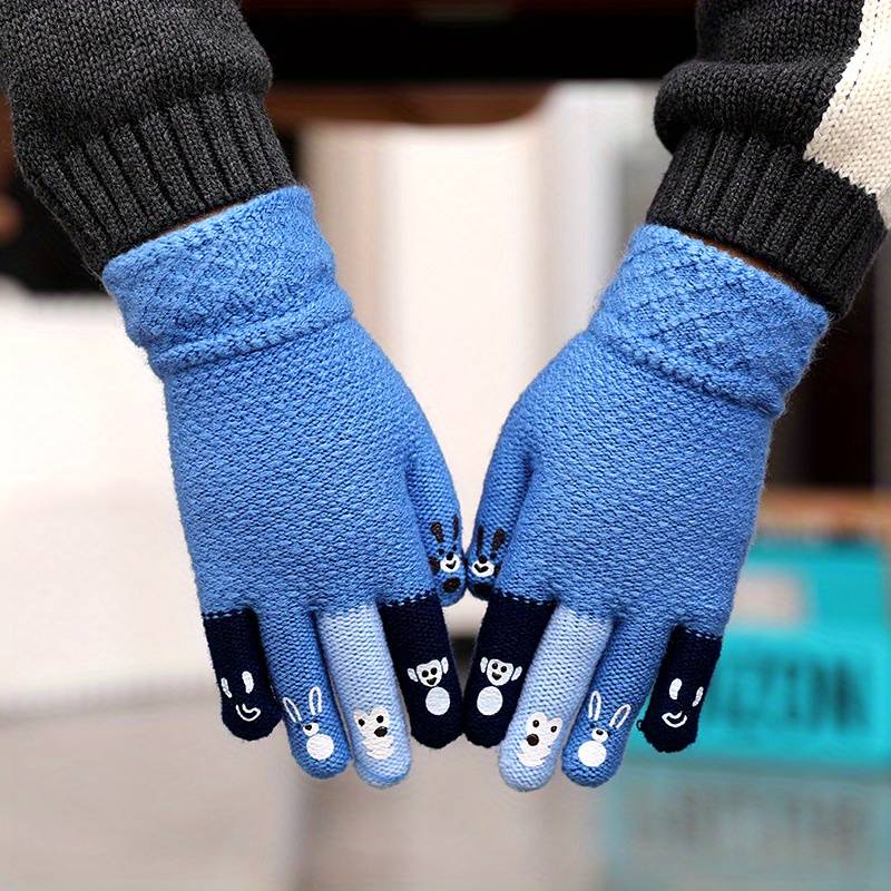 1 Pair Cartoon Lake Blue Size 4 To 8 Years Old Warm Gloves