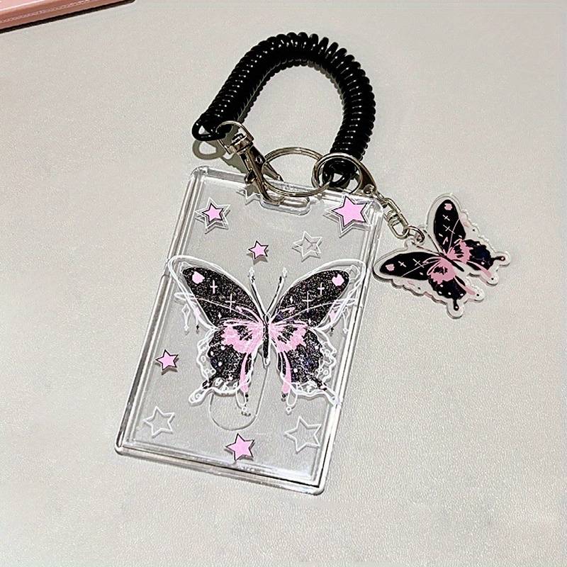 1pc Y2K-Inspired Butterfly Design Transparent ID Card Holder with Keychain Durable Plastic Anti-