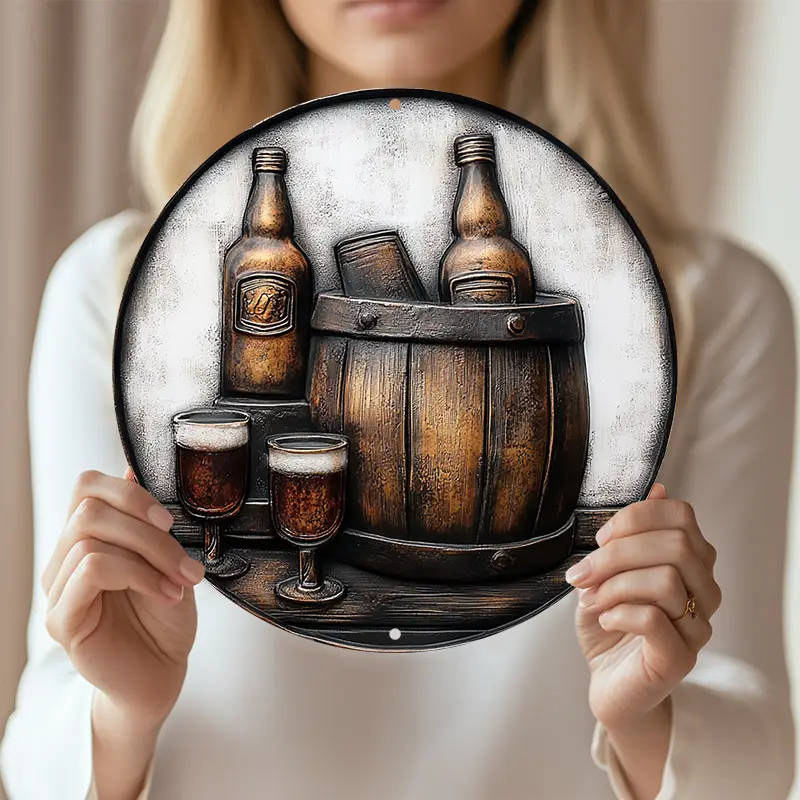 1pc Vintage Barrel and Glass Illustration 20.32x20.32cm Aluminum Sign Wall Hanging Metal Plaque with