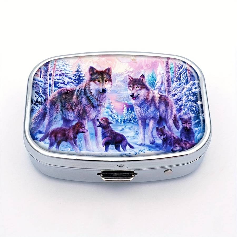 1pc Wolf Family themed mini pill box double compartment design portable travel pill storage b