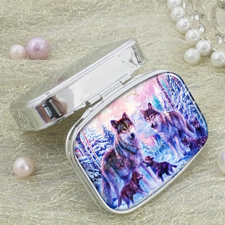 1pc Wolf Family themed mini pill box double compartment design portable travel pill storage b