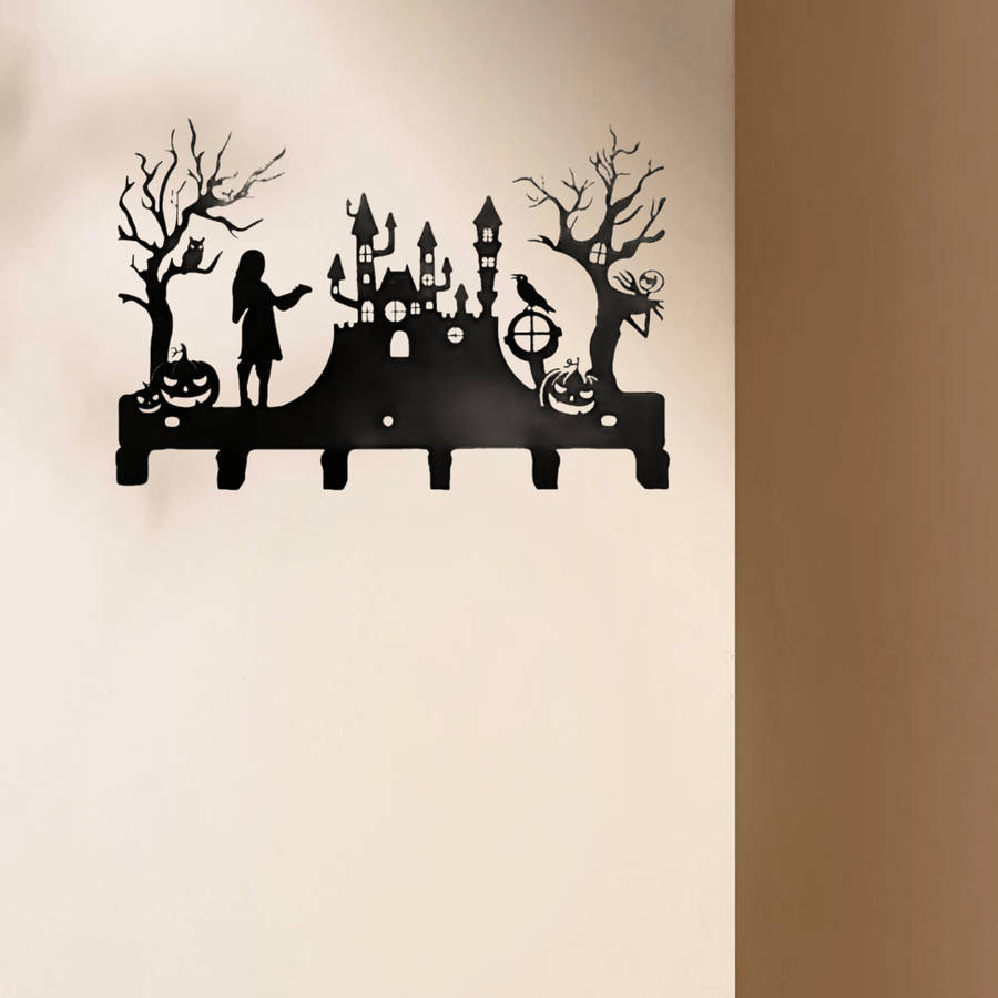 28.96cm Black Metal Wall Hook with Halloween Silhouette DesignEasy-to-Install Key Holde