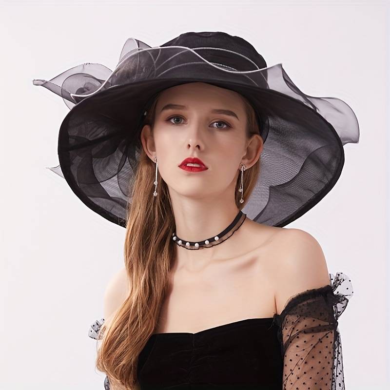 1pc Event Headwear Elegant Black Organza Sun Hat for Women with Vintage Floral Design Breathabl