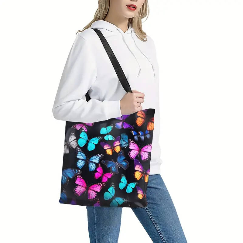 1pc Chic Butterfly Print Canvas Tote Bag Large Capacity Durable Washable Shoulder Bag for Women Perf