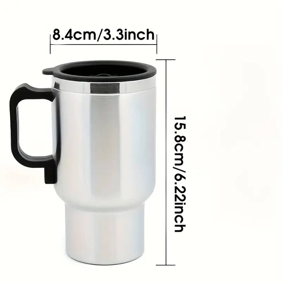 1pc Durable Stainless Steel Car Electric Heating Cup with Black Handle and Lid 12V/24V