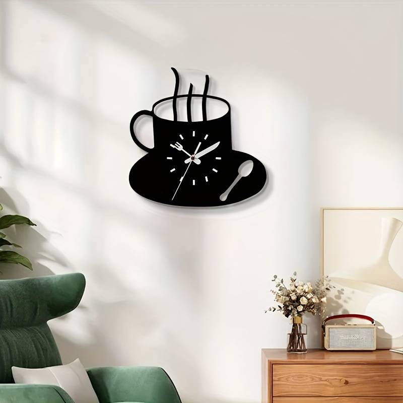 1pc 3D Coffee Cup Wall Clock Modern Silent Acrylic Design Frameless Kitchen Decor Black White