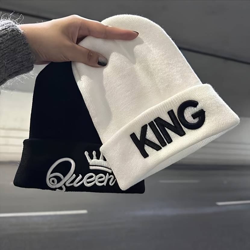 1pc 1pcMS Show Men's Fashion Knitted Hat KING&QUEEN Embroidered Hat Ideal choice for Gifts
