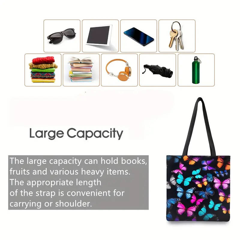 1pc Chic Butterfly Print Canvas Tote Bag Large Capacity Durable Washable Shoulder Bag for Women Perf