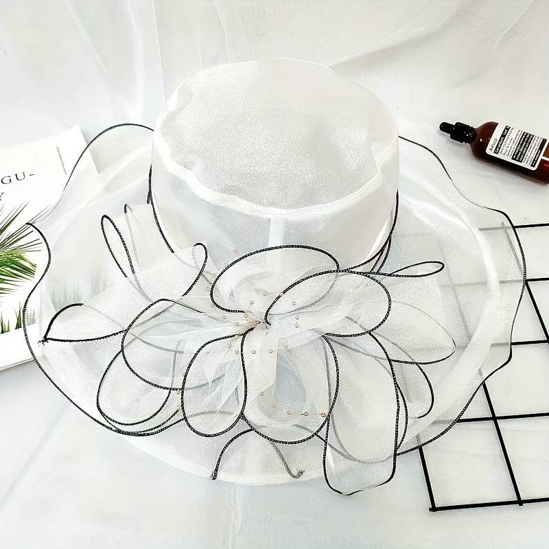 1pc Event Headwear Elegant Black Organza Sun Hat for Women with Vintage Floral Design Breathabl