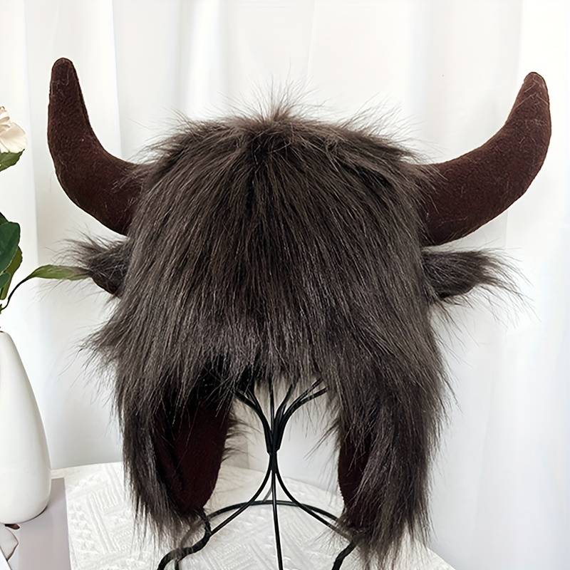 1pc Classic Fluffy Cow Hat With Horns Solid Color Ear Flap Hat Winter Warm Plush Hats Thick Coldpro