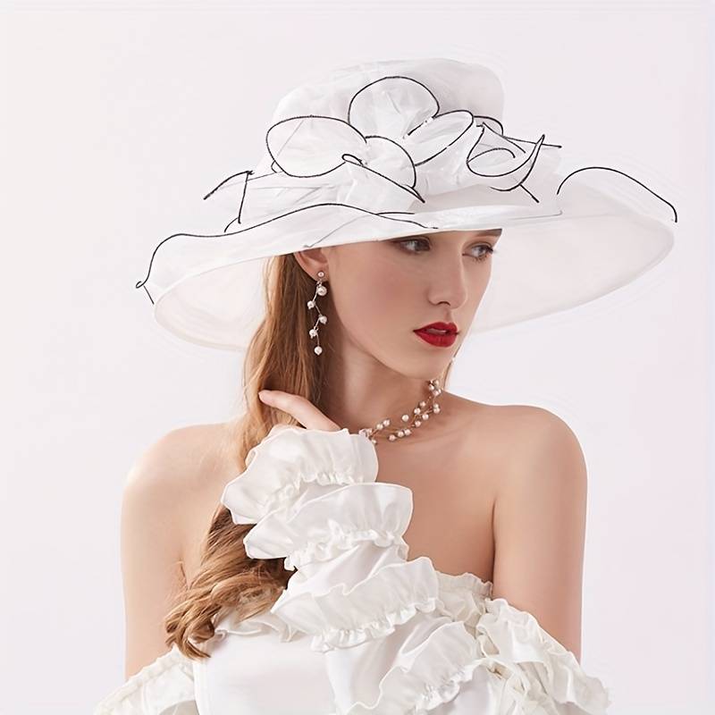 1pc Event Headwear Elegant Black Organza Sun Hat for Women with Vintage Floral Design Breathabl
