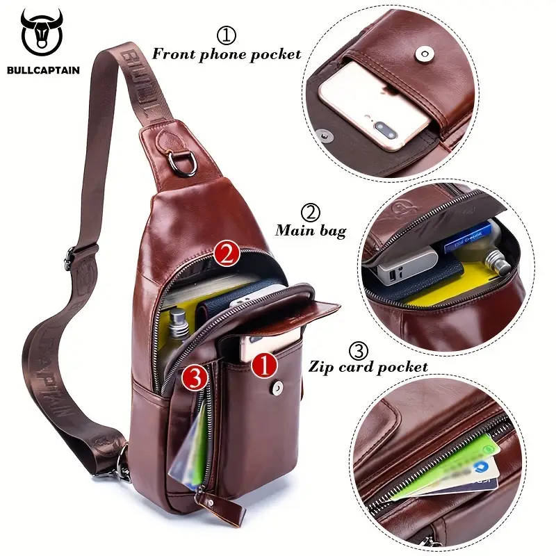 Men's Genuine Leather Sling Bag Vintage Style Large Capacity Multi-Functional Fashion Crossbody