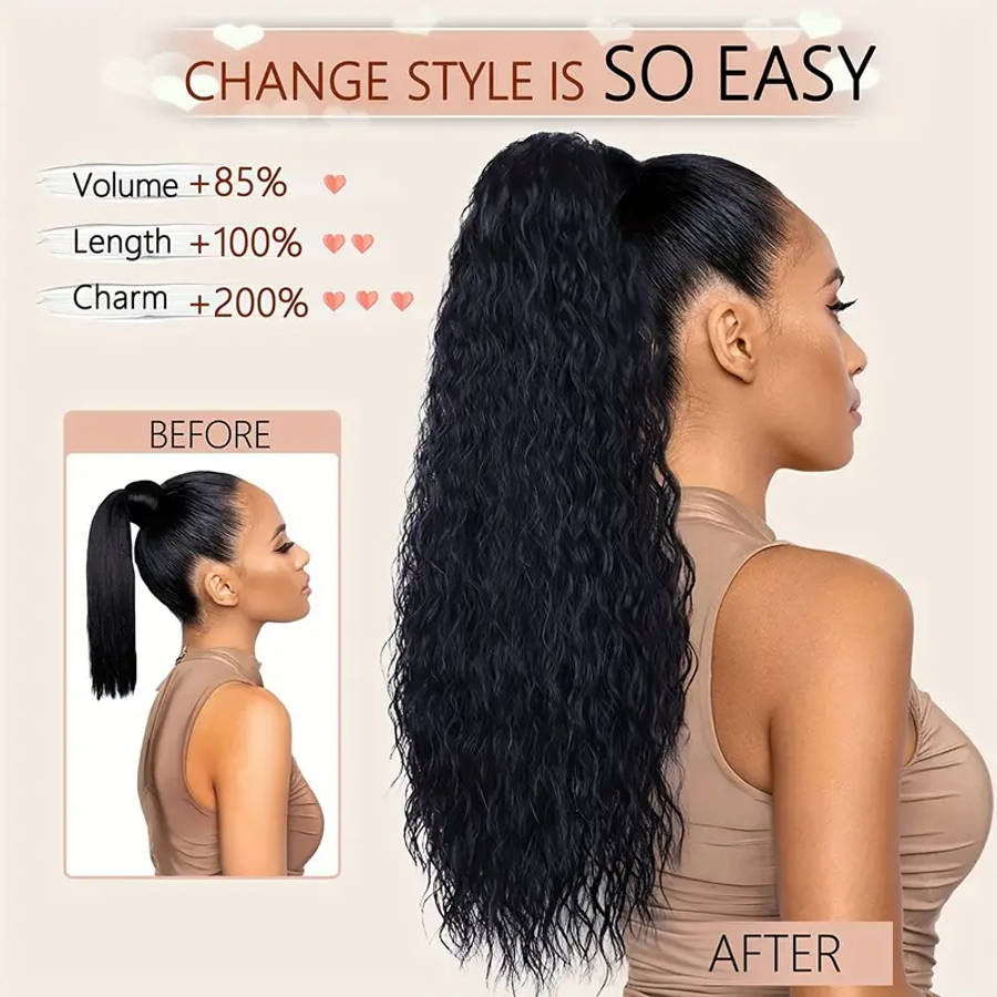 Long Curly, Black Curly Ponytail Hair Extension, Synthetic Clips