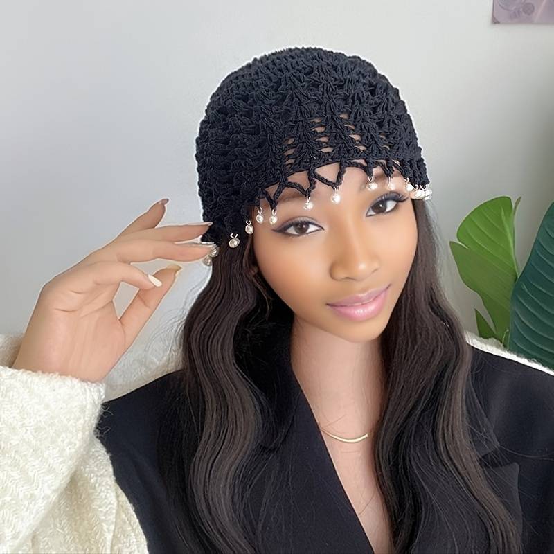 1pc Elegant Hollow Out Crochet Beanie Vintage Beaded Tassel Solid Color Knit Hats Lightweight Skull