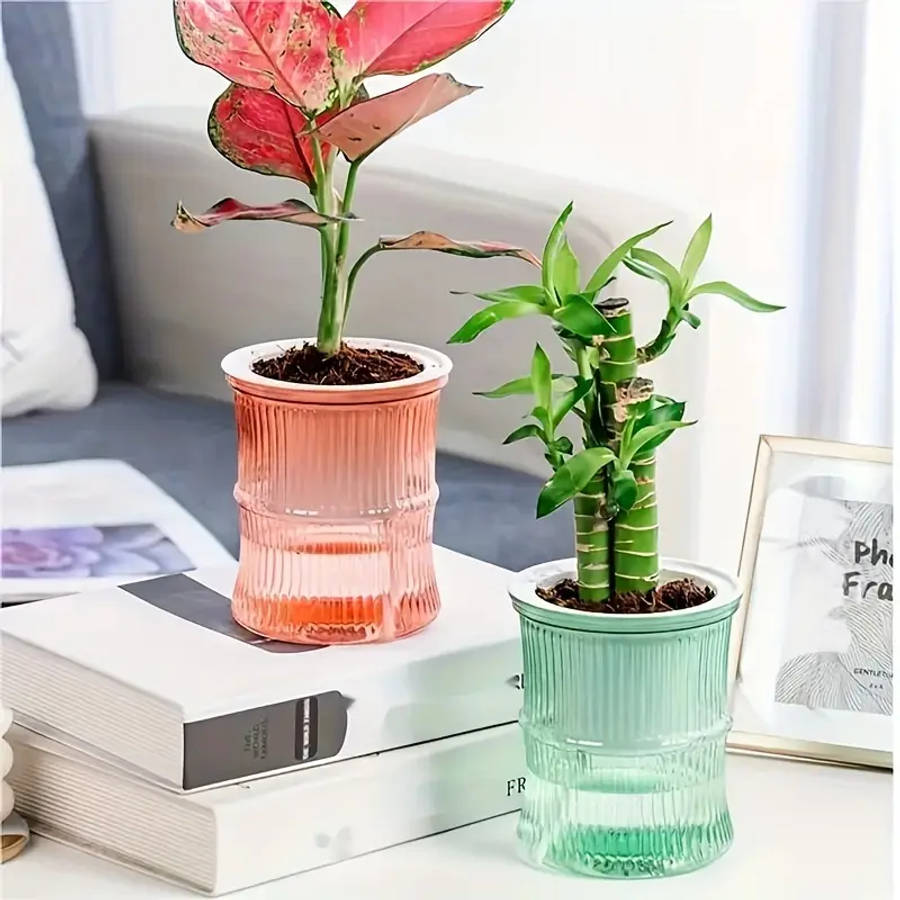 4-Pack Of Modern Self-Watering Plastic Bamboo Flower Pots Multicolour