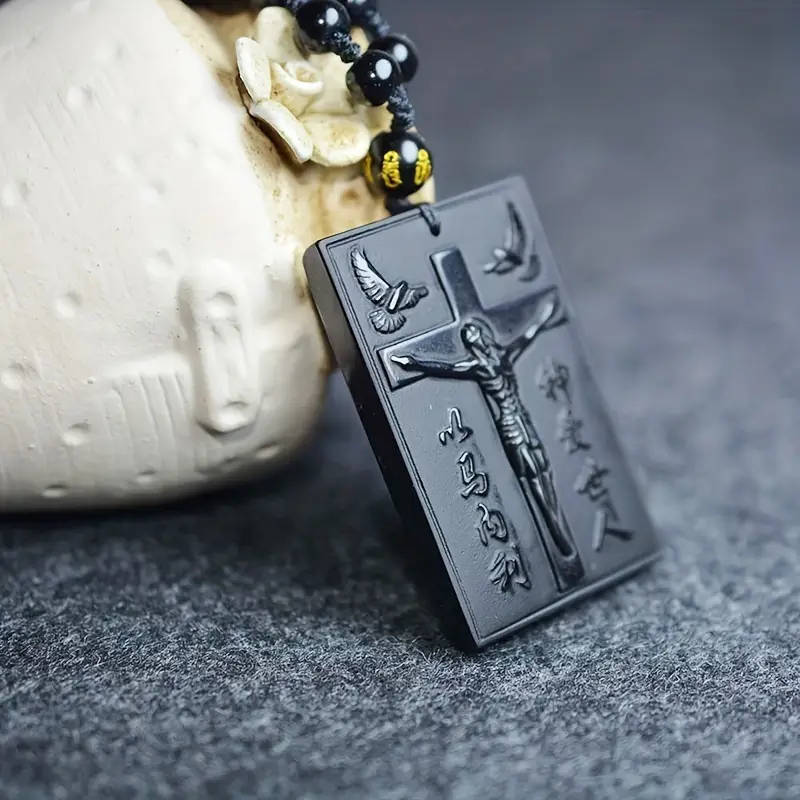 Unisex Obsidian Cross Pendant Necklace