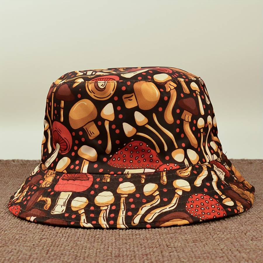 Mushroom Print Bucket Hat Lightweight Breathable Polyester Fisherman Cap