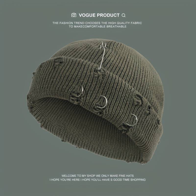 1pc Warm Cuffed Beanie Fisherman Hats Unisex Hip Hop Fisherman Beanie Trendy Ripped Pin Brooch Kn