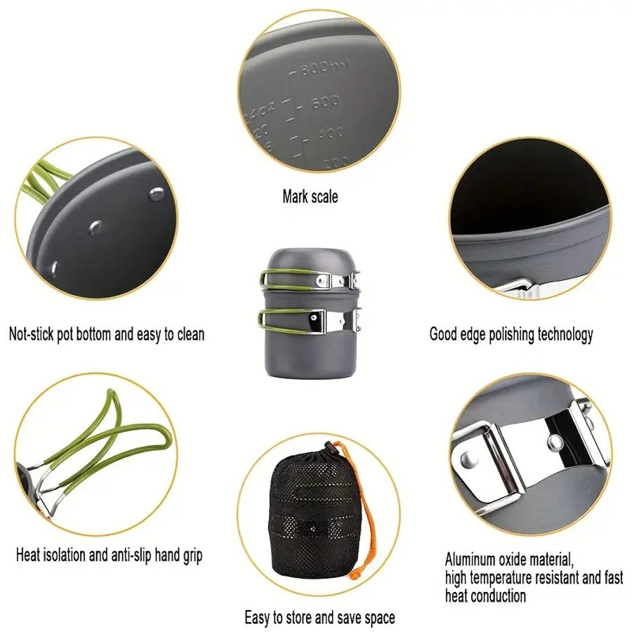 Camping Cookware Mess Kit 1-2 Person Portable Pan Set Fork Spoon Kit For Backpacking Hiking Picnic