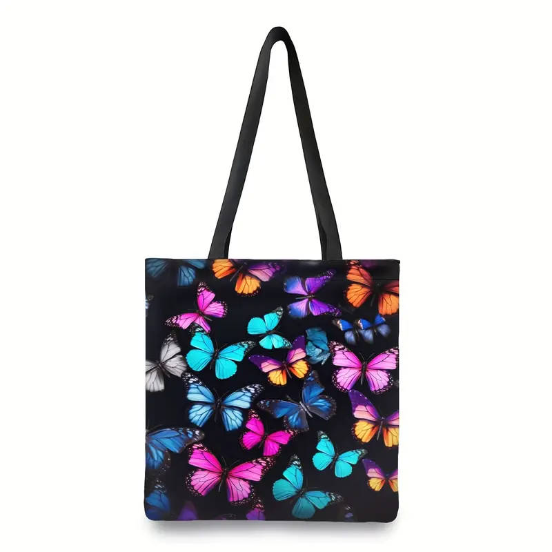 1pc Chic Butterfly Print Canvas Tote Bag Large Capacity Durable Washable Shoulder Bag for Women Perf