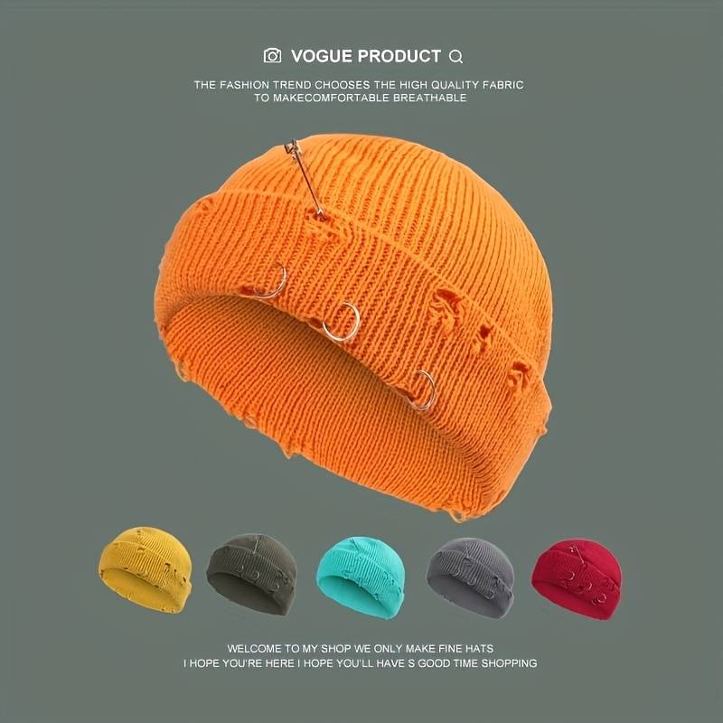 1pc Warm Cuffed Beanie Fisherman Hats Unisex Hip Hop Fisherman Beanie Trendy Ripped Pin Brooch Kn
