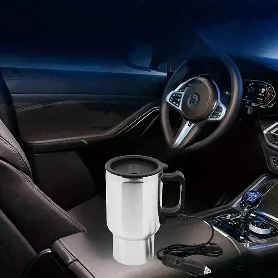 1pc Durable Stainless Steel Car Electric Heating Cup with Black Handle and Lid 12V/24V