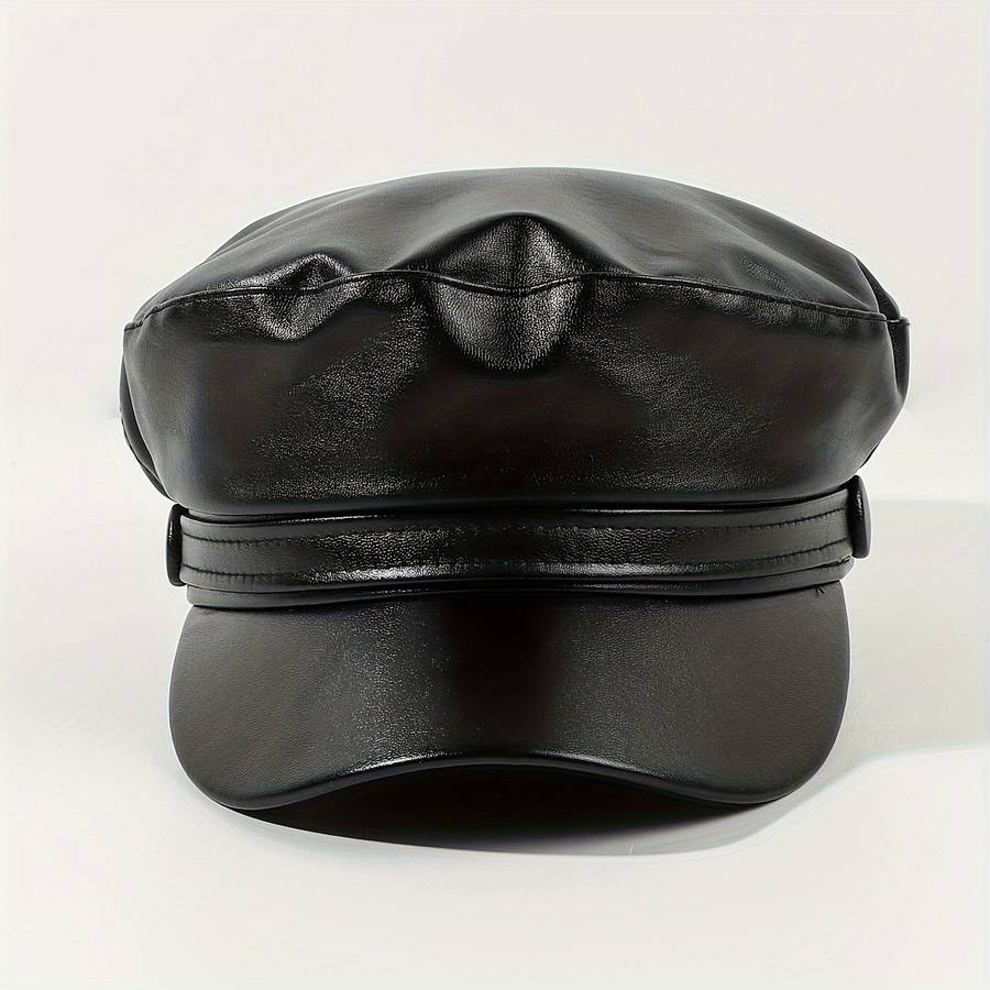 PU Leather Flat Top Beret Hat Adjustable Military Navy Hat British Style Elegant Painter Hat