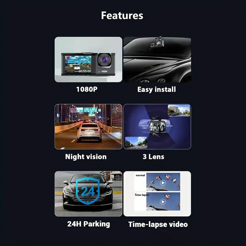 3 channel dash cam front and rear inside 1080p dash cam ir night vision loop recording car dvr camera 3 lens with 2 inch ips screen 3 cameras car dashcam car black box recording at same time wide angle dashboard camera recorder details 5