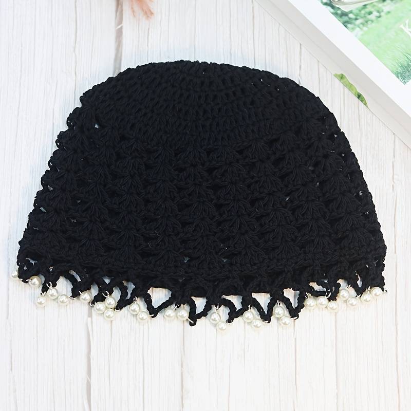 1pc Elegant Hollow Out Crochet Beanie Vintage Beaded Tassel Solid Color Knit Hats Lightweight Skull