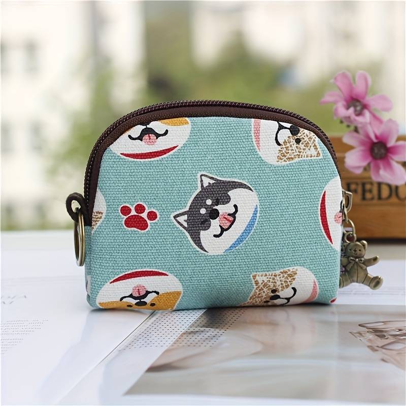 1pc Japanese Style Coin Purse Zipper Around Storage Bag Mini Wallet with Keychain