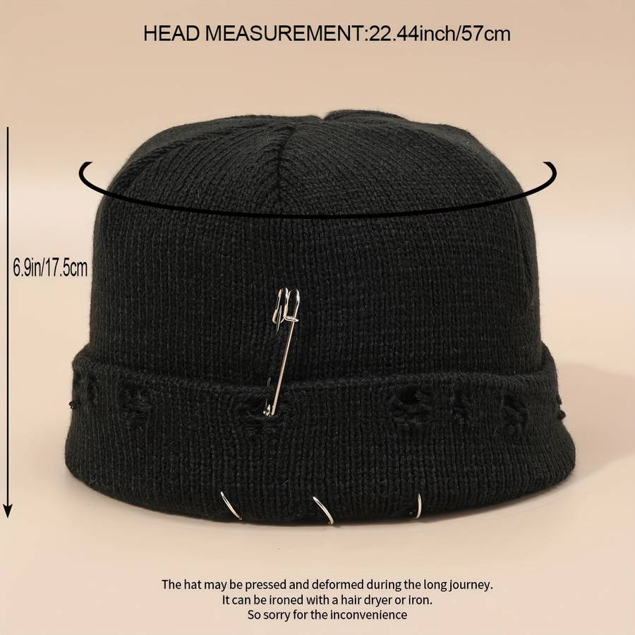 1pc Warm Cuffed Beanie Fisherman Hats Unisex Hip Hop Fisherman Beanie Trendy Ripped Pin Brooch Kn
