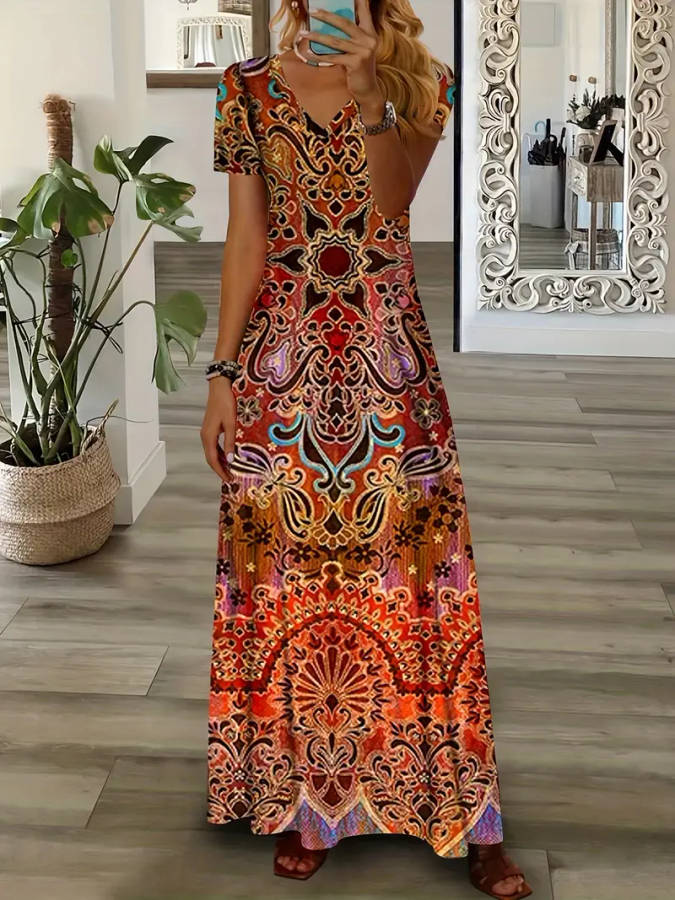 Boho V Neck Short Sleeve Dress, Women Clothing