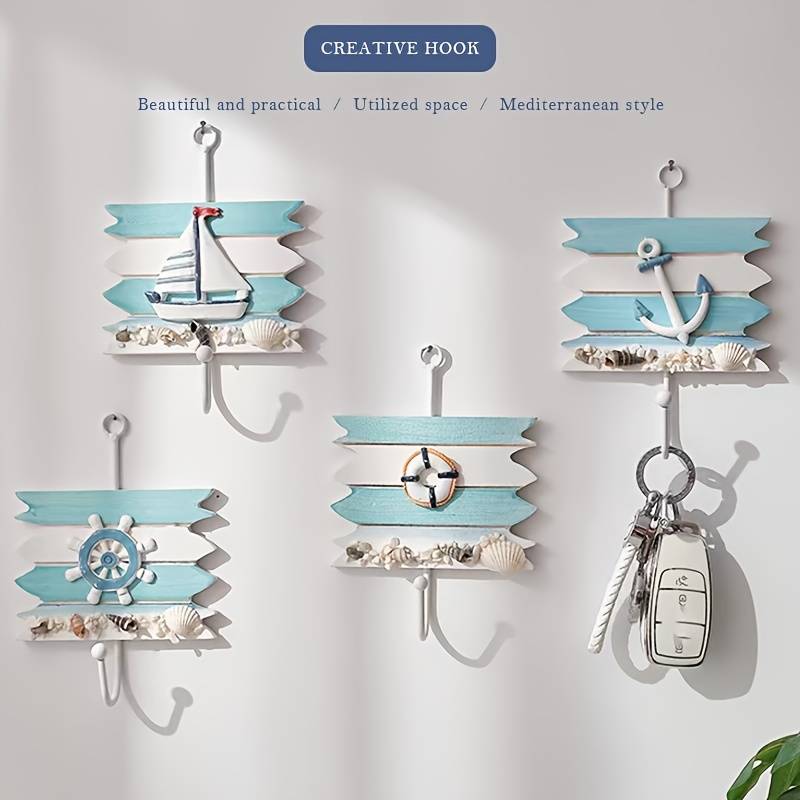 1pc Nautical Wooden Key HookWall Mounted Storage Organizer with Easy InstallMulti-functional H