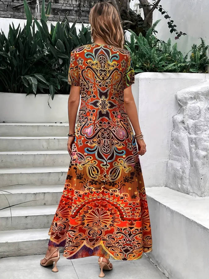 Boho V Neck Short Sleeve Dress, Women Clothing