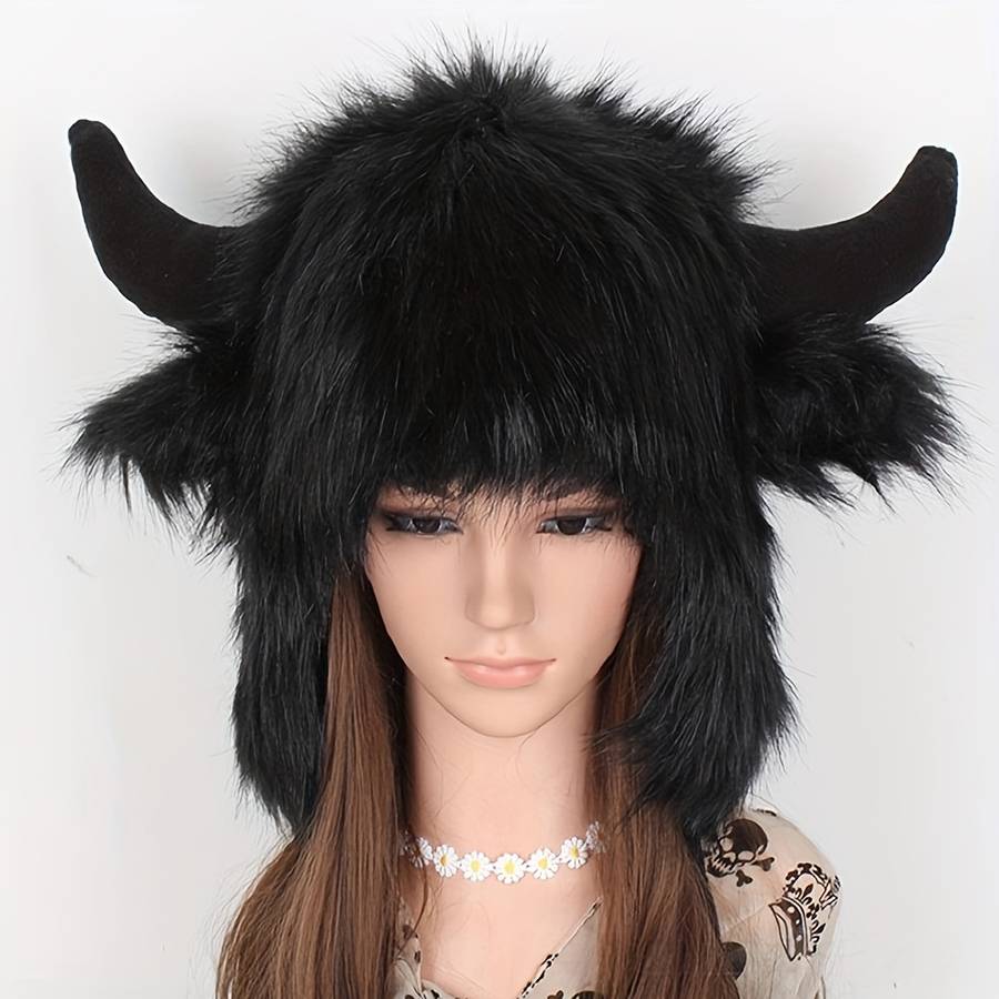1pc Classic Fluffy Cow Hat With Horns Solid Color Ear Flap Hat Winter Warm Plush Hats Thick Coldpro