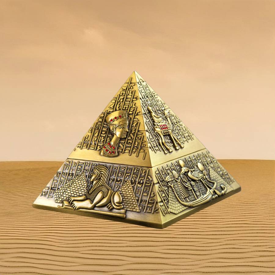 1pc Vintage Egyptian Pharaoh Metal Pyramid Ashtray Triangular Hieroglyphic Design with Lion
