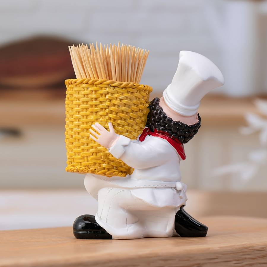 1pc Charming Chef Figurine Toothpick Holder Resin Crafted with Bamboo Basket Red Yellow Accent